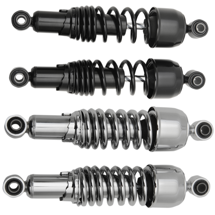 Four Drag Specialties Replacement Shocks for 2004-2022 Harley-Davidson Sportster models—two black and two chrome—are displayed side by side on a white background.