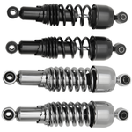 Four Drag Specialties Replacement Shocks for 2004-2022 Harley-Davidson Sportster models—two black and two chrome—are displayed side by side on a white background.