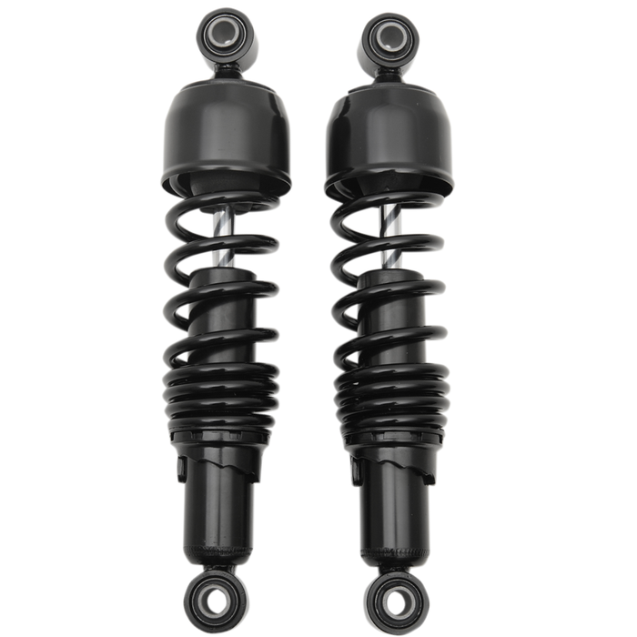 Four Drag Specialties Replacement Shocks for 2004-2022 Harley-Davidson Sportster models—two black and two chrome—are displayed side by side on a white background.