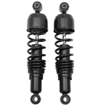 Four Drag Specialties Replacement Shocks for 2004-2022 Harley-Davidson Sportster models—two black and two chrome—are displayed side by side on a white background.