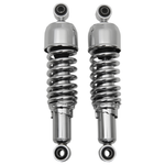 Four Drag Specialties Replacement Shocks for 2004-2022 Harley-Davidson Sportster models—two black and two chrome—are displayed side by side on a white background.