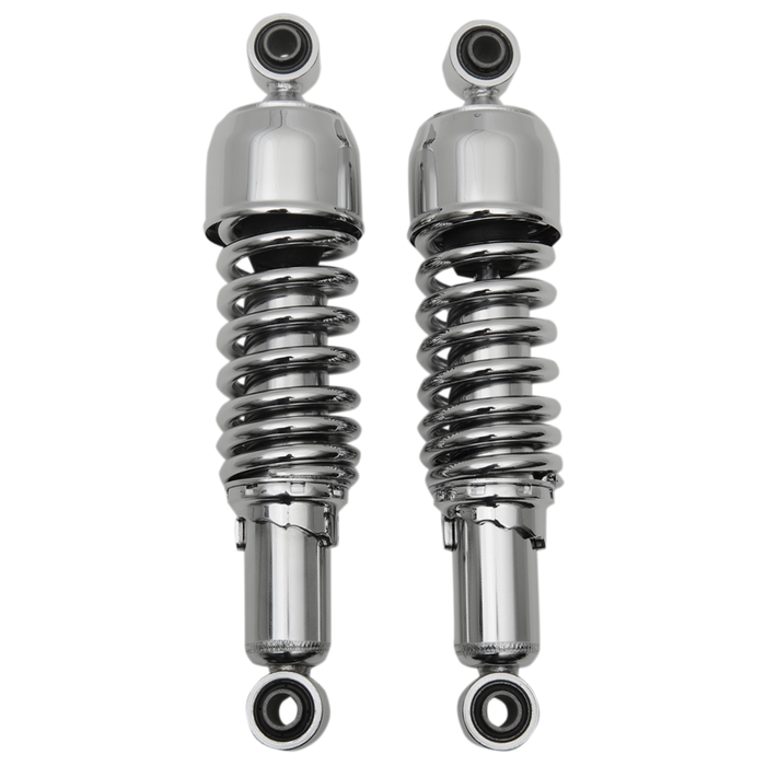 Four Drag Specialties Replacement Shocks for 2004-2022 Harley-Davidson Sportster models—two black and two chrome—are displayed side by side on a white background.