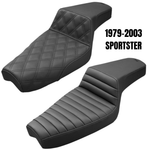 The Saddlemen Step-Up Seat for 1979-2003 Harley-Davidson Sportster features diamond-patterned stitching and a raised back, shown on a white background. This premium seat is made by Saddlemen.