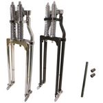 Two Moto Iron® Springer Front Ends for Harley-Davidson frames with 1" necks—one chrome, one black—are displayed side by side with a metal rod and two small parts. Ideal for custom Harley-Davidson springer setups.