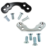 Two metal brackets, one black and one silver, each with three holes, plus six screws are shown on a white background—the Moto Iron® Handlebar Riser Adapter for Springer Front Ends.