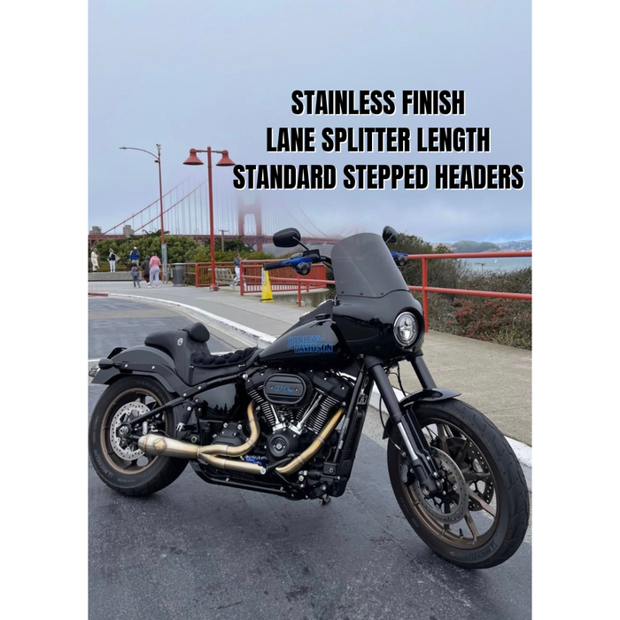 The SP Concepts Exhaust System for 2018-Up Harley-Davidson Softail is shown with mounting hardware and accessories on a white background—ideal for customizing your Harley exhaust setup.