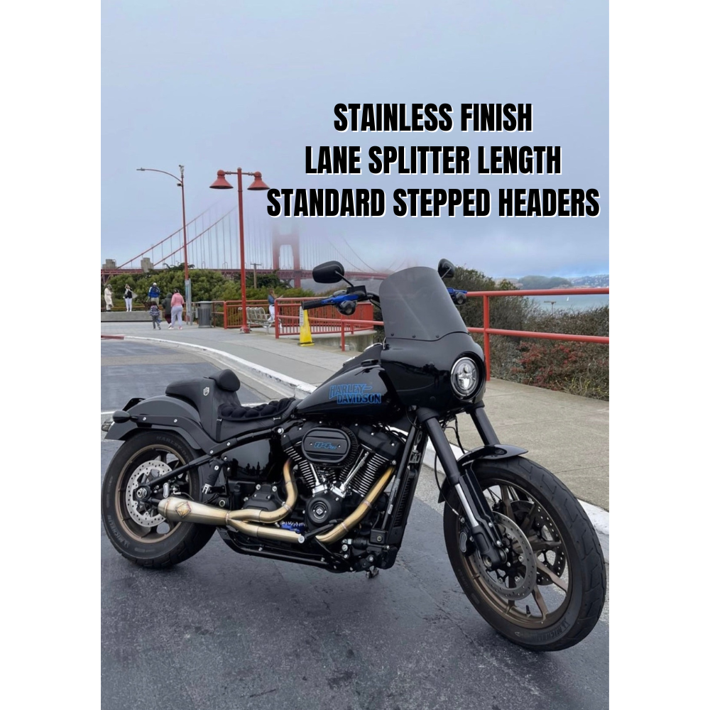 The SP Concepts Exhaust System for 2018-Up Harley-Davidson Softail is shown with mounting hardware and accessories on a white background—ideal for customizing your Harley exhaust setup.