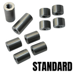 Technical diagram of TC Bros. Mounting Bungs—0.75" diameter, 0.5" length, 5/16-18 threaded hole—ideal for motorcycle fabrication projects.