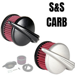 Two TC Bros. Streamliner Air Cleaners—one black, one silver—for S&S Super E/G carburetors; fit Harley-Davidson Big Twin and Sportster. Includes filter, cover, hardware, gasket. "S&S CARB" text on cover. Brand: TC Bros.