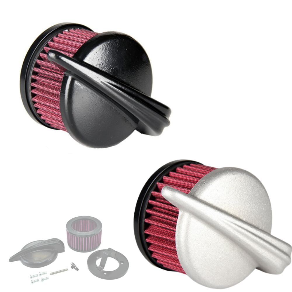 Two TC Bros. Streamliner Air Cleaners—one black, one silver—for S&S Super E/G carburetors; fit Harley-Davidson Big Twin and Sportster. Includes filter, cover, hardware, gasket. "S&S CARB" text on cover. Brand: TC Bros.