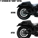 Two identical TC Bros. Shock Extensions for 2018-Up Harley-Davidson Softail, black metal with "TC Bros." engraving, shown side by side on a white background—perfect for upgrading your motorcycle suspension or lift kit.