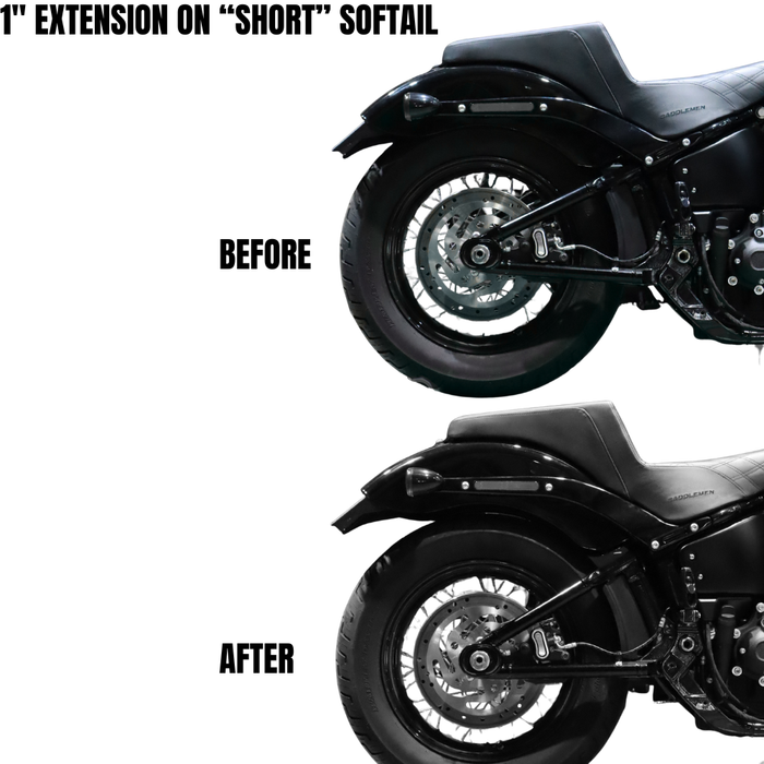 Two identical TC Bros. Shock Extensions for 2018-Up Harley-Davidson Softail, black metal with "TC Bros." engraving, shown side by side on a white background—perfect for upgrading your motorcycle suspension or lift kit.