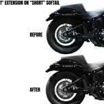 Two identical TC Bros. Shock Extensions for 2018-Up Harley-Davidson Softail, black metal with "TC Bros." engraving, shown side by side on a white background—perfect for upgrading your motorcycle suspension or lift kit.