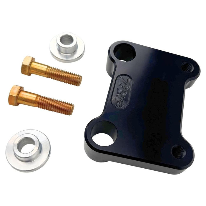 The TC Bros. Pro Series Riser Adapter for 2006-2023 Harley Davidson Street Glide features a black metal bracket with two threaded holes, silver washers, and gold bolts—shown on a white background. Perfect for performance upgrades.