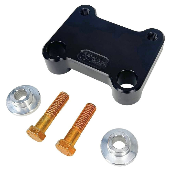The TC Bros. Pro Series Riser Adapter for 2006-2023 Harley Davidson Street Glide features a black metal bracket with two threaded holes, silver washers, and gold bolts—shown on a white background. Perfect for performance upgrades.