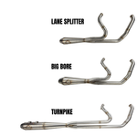 Four SP Concepts exhaust systems for 1996-2016 Harley-Davidson Touring bikes are shown, including a close-up of a stainless steel SP Concepts exhaust installed on a bike.