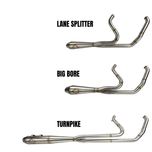 Four SP Concepts exhaust systems for 1996-2016 Harley-Davidson Touring bikes are shown, including a close-up of a stainless steel SP Concepts exhaust installed on a bike.