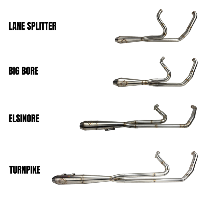 SP Concepts Lane Splitter Exhaust for Harley Touring 2017-2025 is shown in stainless steel, black, and black onyx finishes—labeled side by side—offering stylish customization options for your ride.