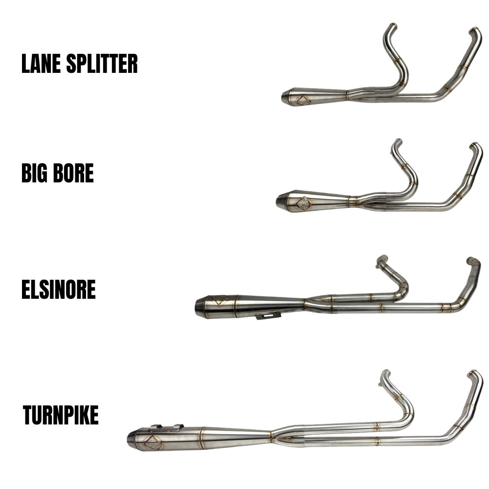 SP Concepts Lane Splitter Exhaust for Harley Touring 2017-2025 is shown in stainless steel, black, and black onyx finishes—labeled side by side—offering stylish customization options for your ride.