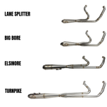 SP Concepts Lane Splitter Exhaust for Harley Touring 2017-2025 is shown in stainless steel, black, and black onyx finishes—labeled side by side—offering stylish customization options for your ride.