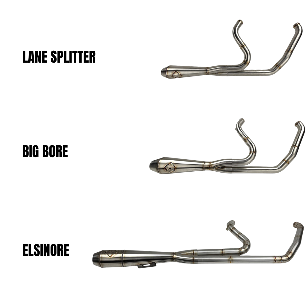 The SP Concepts Big Bore Exhaust for M8 Softail ST & Sport Glide (2018-Present) in stainless steel, featuring welded joints and a hexagonal logo emblem, rests on a metallic work surface, highlighting its premium finish.