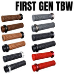 A selection of ODI Vans Lock-on Grips for Harley-Davidson First Generation Throttle-By-Wire motorcycles in brown, black, and red, featuring ODI grip technology and arranged in three columns.