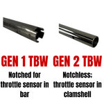 A black cylindrical tube with a flange sits on a white background—the Moto Iron® Throttle Tube for First Generation Harley-Davidson TBW, ideal for Gen 1 models or use with slide-on grips.