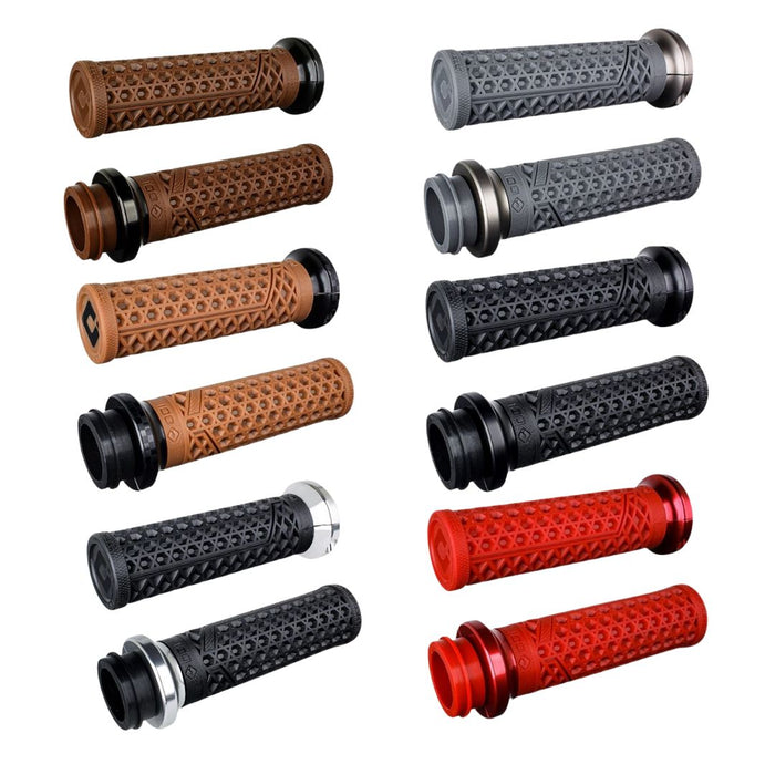 Twelve Vans Lock-on Grips for Harley-Davidson TBW by ODI, in brown, black, and red with assorted end caps, are arranged in four rows of three and feature ODI grip technology for superior comfort and control.