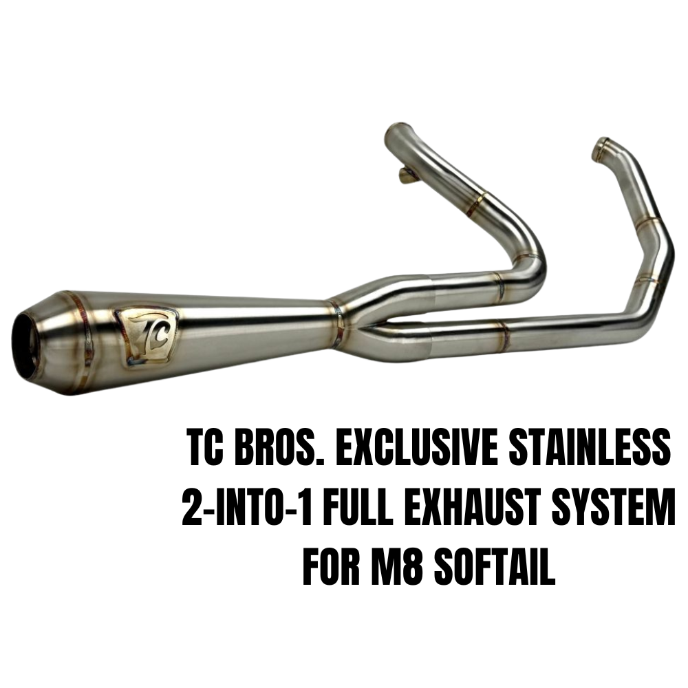 TC Bros. 2-into-1 Stainless Exhaust System for 2018-Up Harley-Davidson Softail by TC Bros., displayed with various Harley-Davidson Softail exhaust pipes in the background.