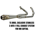 TC Bros. 2-into-1 Stainless Exhaust System for 2018-Up Harley-Davidson Softail by TC Bros., displayed with various Harley-Davidson Softail exhaust pipes in the background.