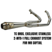 TC Bros. 2-into-1 Stainless Exhaust System for 2018-Up Harley-Davidson Softail by TC Bros., displayed with various Harley-Davidson Softail exhaust pipes in the background.
