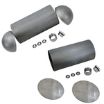 Two TC Bros. DIY Round 5″ Oil Tanks, featuring domed end caps, flat discs, threaded fittings, and nuts, are displayed on a white background—perfect for custom or DIY motorcycle oil tank projects.