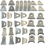 Thirty TC Bros. 1/4″ Steel Flat Mounting Tabs in assorted shapes and sizes with holes or slots, arranged in a grid on a white background—perfect for custom motorcycle fabrication or TC Bros. projects.
