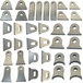 Thirty TC Bros. 1/4″ Steel Flat Mounting Tabs in assorted shapes and sizes with holes or slots, arranged in a grid on a white background—perfect for custom motorcycle fabrication or TC Bros. projects.