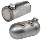 The TC Bros. Round 5″ Oil Tank features welded seams, threaded openings, and screw-on caps—perfect as an oil tank or custom solution for motorcycle builds. Two metal cylindrical tanks are shown on a white background.