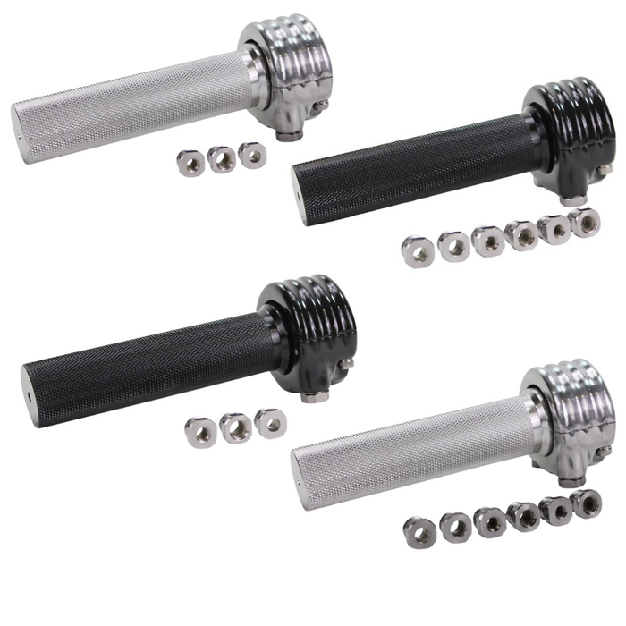 Close-up of the TC Bros. 1" Motorcycle Throttle, a minimalist handle with three nuts in black or silver by TC Bros., shown installed on a motorcycle handlebar and compatible with Harley-Davidson throttle setups.