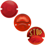 TC Bros. Replacement Glass Tail Light Lens set includes two red circular lenses: one plain textured, one embossed with "STOP" in yellow. Perfect for Model A and Model B tail light restoration or upgrades. Brand: TC Bros.
