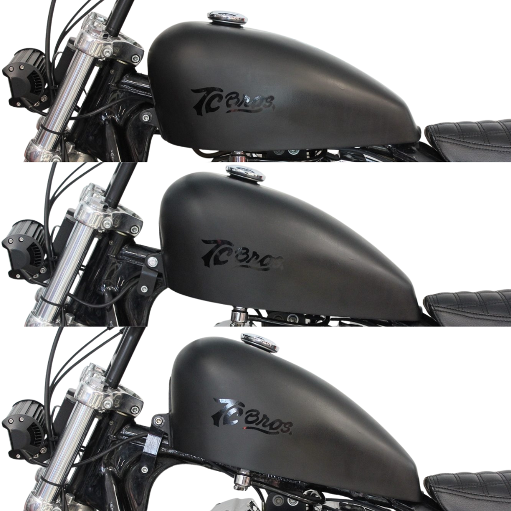 TC Bros. Frisco-Style Gas Tank Lift Kit for Harley-Davidson Sportster 1995-2003, includes two black metal brackets, a black cylindrical spacer, bolt, washer, and nut—shown on a white background.