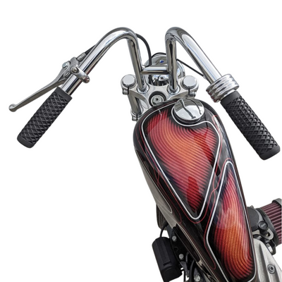 Close-up of the TC Bros. 1" Motorcycle Throttle, a minimalist handle with three nuts in black or silver by TC Bros., shown installed on a motorcycle handlebar and compatible with Harley-Davidson throttle setups.