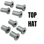 Eight TC Bros. Blind Threaded (Top Hat-Style) Mounting Bungs are arranged around "TOP HAT" on a white background, showcasing these versatile TC Bros. bungs for your mounting needs.