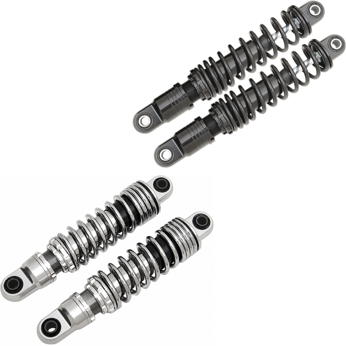 Two pairs of motorcycle shocks are shown: the top is Drag Specialties Premium Adjustable Height Shocks for 1980-2025 Harley-Davidson Touring in matte black; the bottom pair features chrome with black accents, ideal for Touring models.