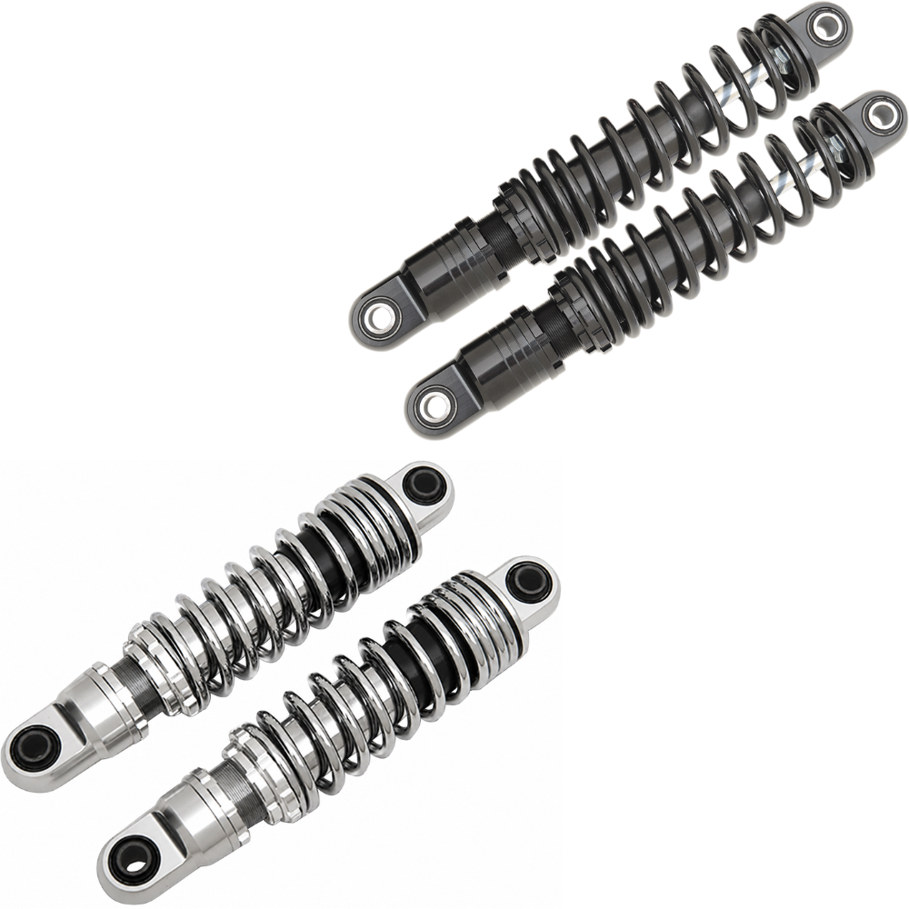 Two pairs of motorcycle shocks are shown: the top is Drag Specialties Premium Adjustable Height Shocks for 1980-2025 Harley-Davidson Touring in matte black; the bottom pair features chrome with black accents, ideal for Touring models.