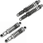 Two pairs of motorcycle shocks are shown: the top is Drag Specialties Premium Adjustable Height Shocks for 1980-2025 Harley-Davidson Touring in matte black; the bottom pair features chrome with black accents, ideal for Touring models.
