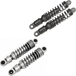 Two pairs of motorcycle shocks are shown: the top is Drag Specialties Premium Adjustable Height Shocks for 1980-2025 Harley-Davidson Touring in matte black; the bottom pair features chrome with black accents, ideal for Touring models.
