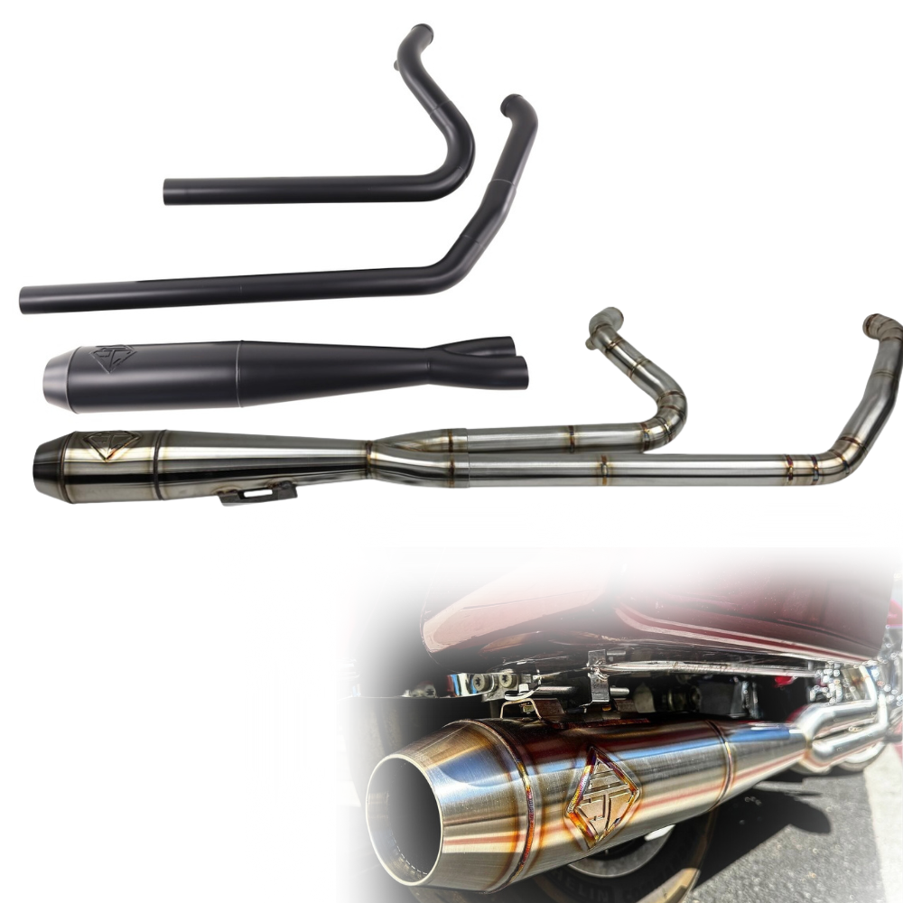 Four SP Concepts exhaust systems for 1996-2016 Harley-Davidson Touring bikes are shown, including a close-up of a stainless steel SP Concepts exhaust installed on a bike.
