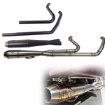 Four SP Concepts exhaust systems for 1996-2016 Harley-Davidson Touring bikes are shown, including a close-up of a stainless steel SP Concepts exhaust installed on a bike.