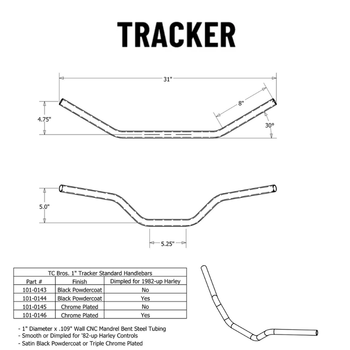 A TC Bros. 1" Tracker Low Handlebars - Chrome with a chrome finish on a white background.