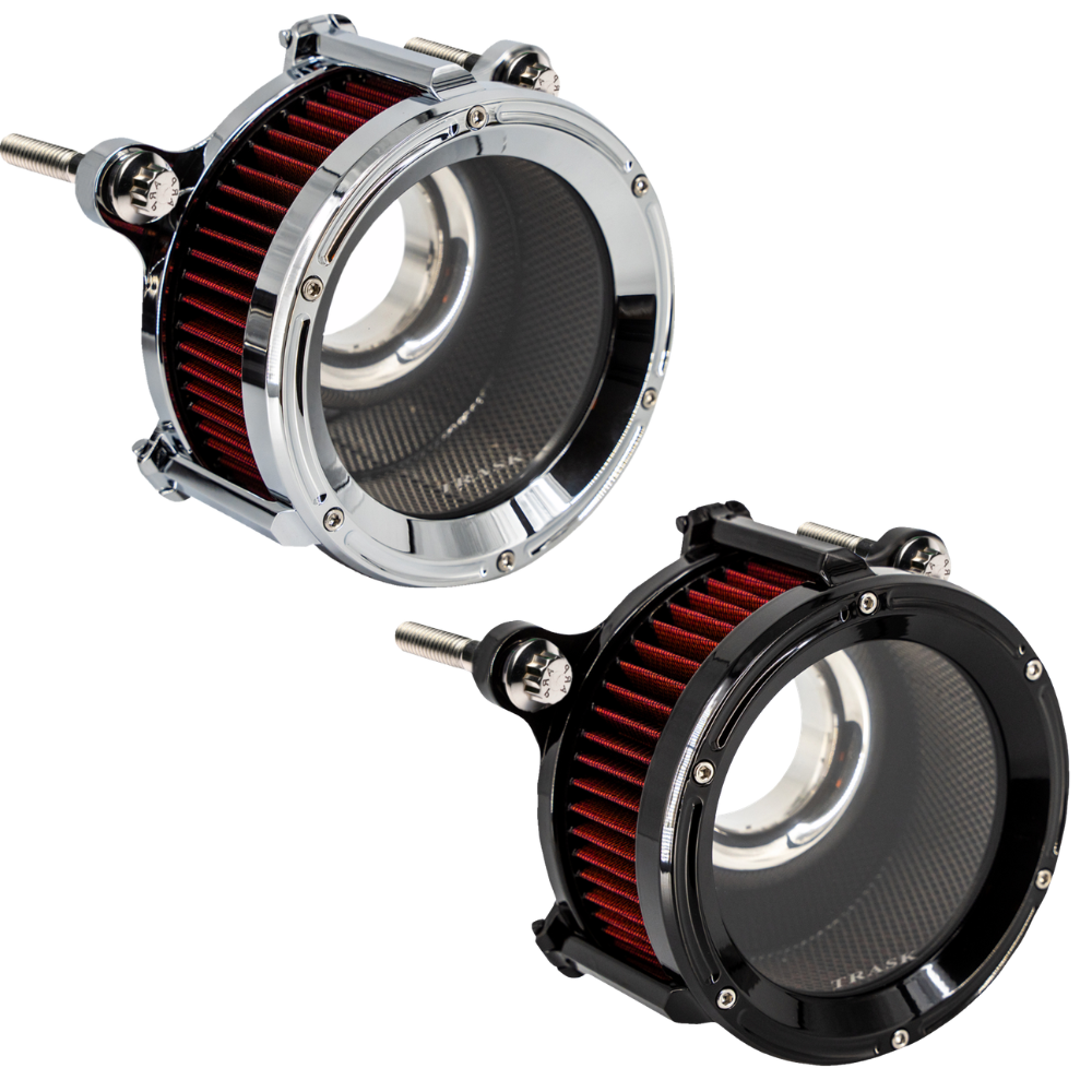 The Trask Assault Charge High-Flow Air Cleaner for Second Gen Harley-Davidson M8 features two round filters—chrome or black—with exposed red elements and visible mounting bolts, giving your bike&