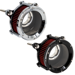 The Trask Assault Charge High-Flow Air Cleaner for Second Gen Harley-Davidson M8 features two round filters—chrome or black—with exposed red elements and visible mounting bolts, giving your bike's intake system an aggressive look.