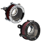 Two Trask Assault Charge High-Flow Air Cleaners for First Gen Harley-Davidson M8, each with an exposed red pleated filter and round metal housing—one in chrome and the other in sleek black.